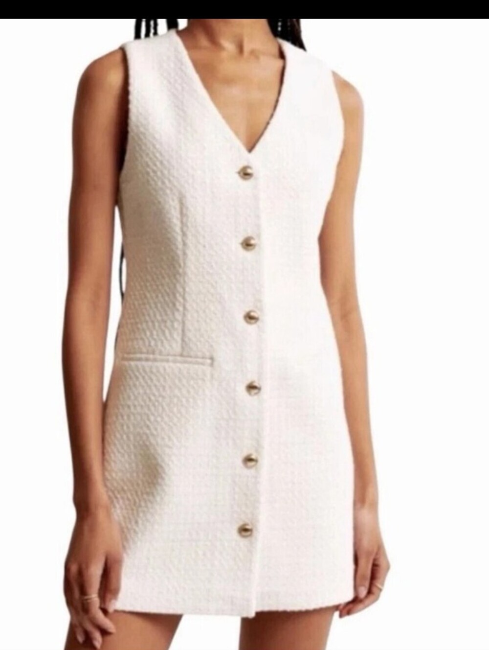 NWT Bebop Tweed button front Mini Dress Ivory Size L sleeveless luxury 60s fall